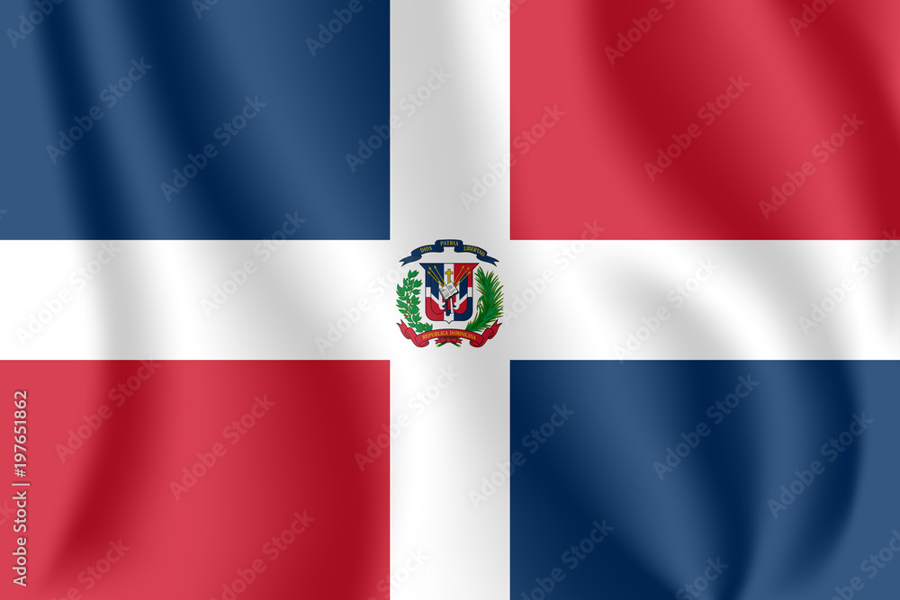 Fototapeta premium Flag of Dominican Republic. Realistic waving flag of Dominican Republic. Fabric textured flowing flag of Dominican Republic.