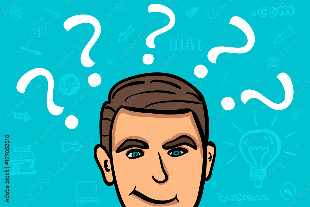 Businessman head and questions. cartoon character Businessman head and questions. cartoon character