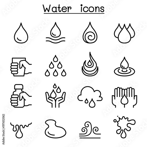 Water icon set in thin line style