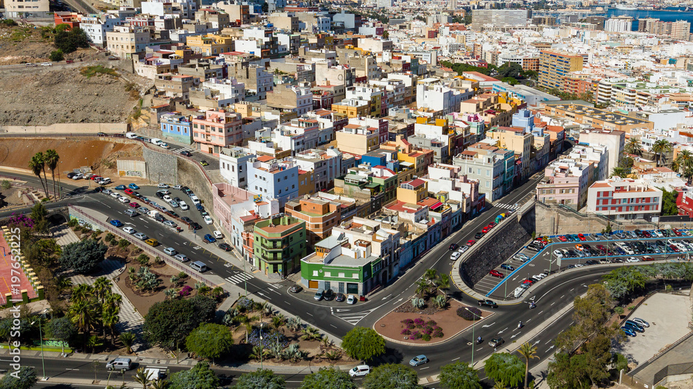 Cityscape of Las Palmas, dense urban buildings the capital town of Gran Canaria Island.