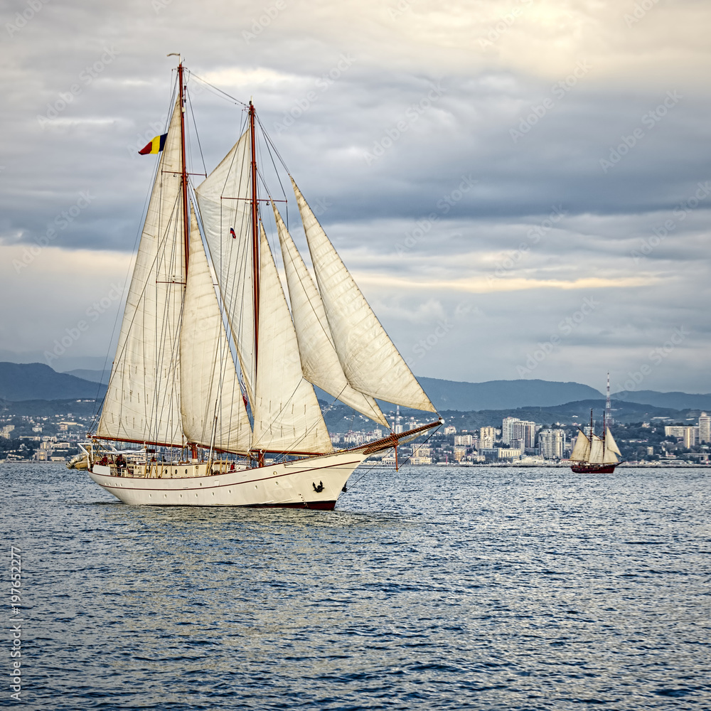 Fototapeta premium Sailing ship in the blue sea. Yachting. Sailing