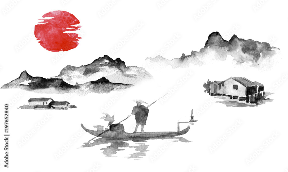 Obraz premium Japan traditional sumi-e painting. Indian ink illustration. Man and boat. Sunset, dusk. Japanese picture.