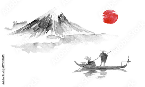 Japan traditional sumi-e painting. Indian ink illustration. Man and boat. Mountain landscape. Sunset, dusk. Japanese picture. photo