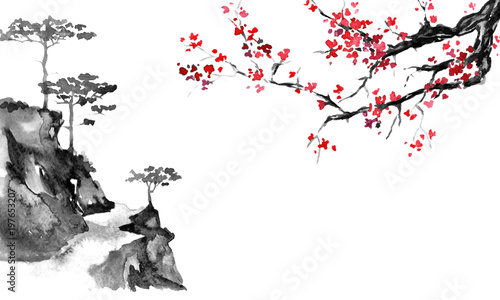 Japan traditional sumi-e painting. Indian ink illustration. Japanese picture. Sakura and mountains photo