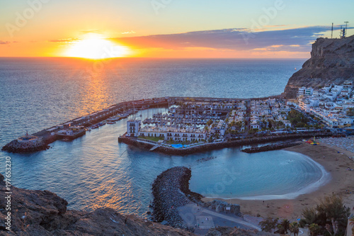 Aerial view of bay in Puerto de Mogan in Gran Canaria island, during sunset. photo