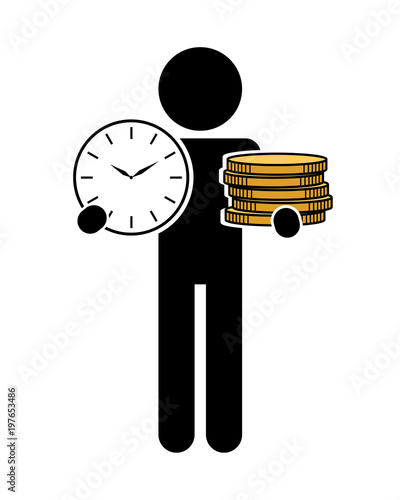Man holding time and money in his both hands, time is money, vector icon