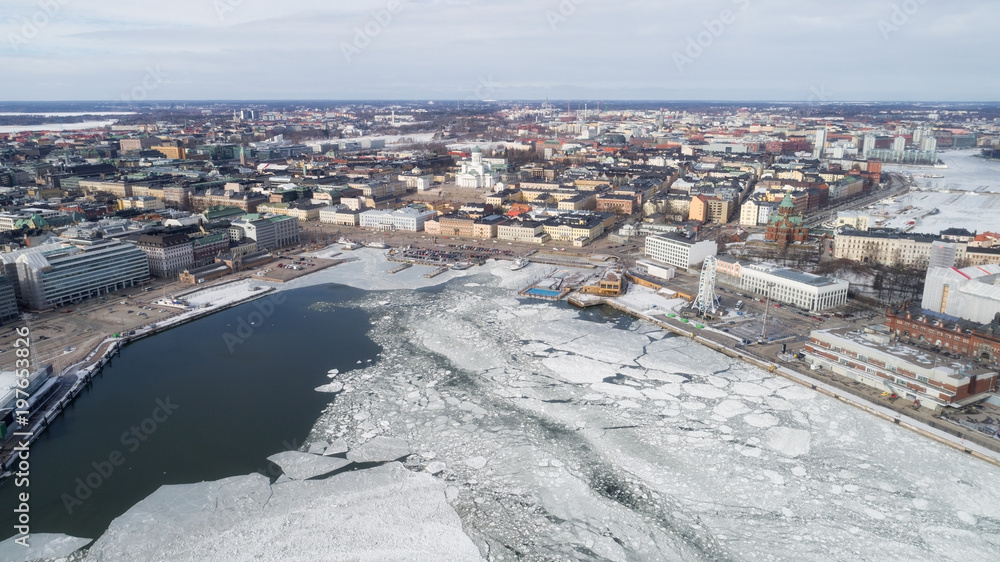 Aerial view of beautiful city Helsinki at winter.