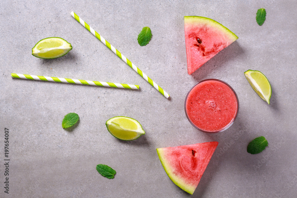 Above view on glass with fresh watermelon smoothie.