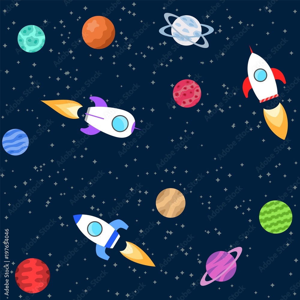 Seamless background of space objects. Planets, spaceship. Collection of outer space icons Vector illustration Seamless background of space objects. Planets, spaceship. Collection of outer space icons Vector illustration