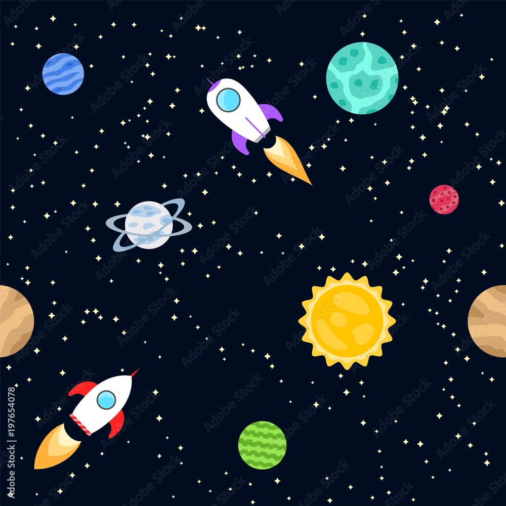 Seamless background of space objects. Planets, spaceship. Collection of outer space icons Vector illustration