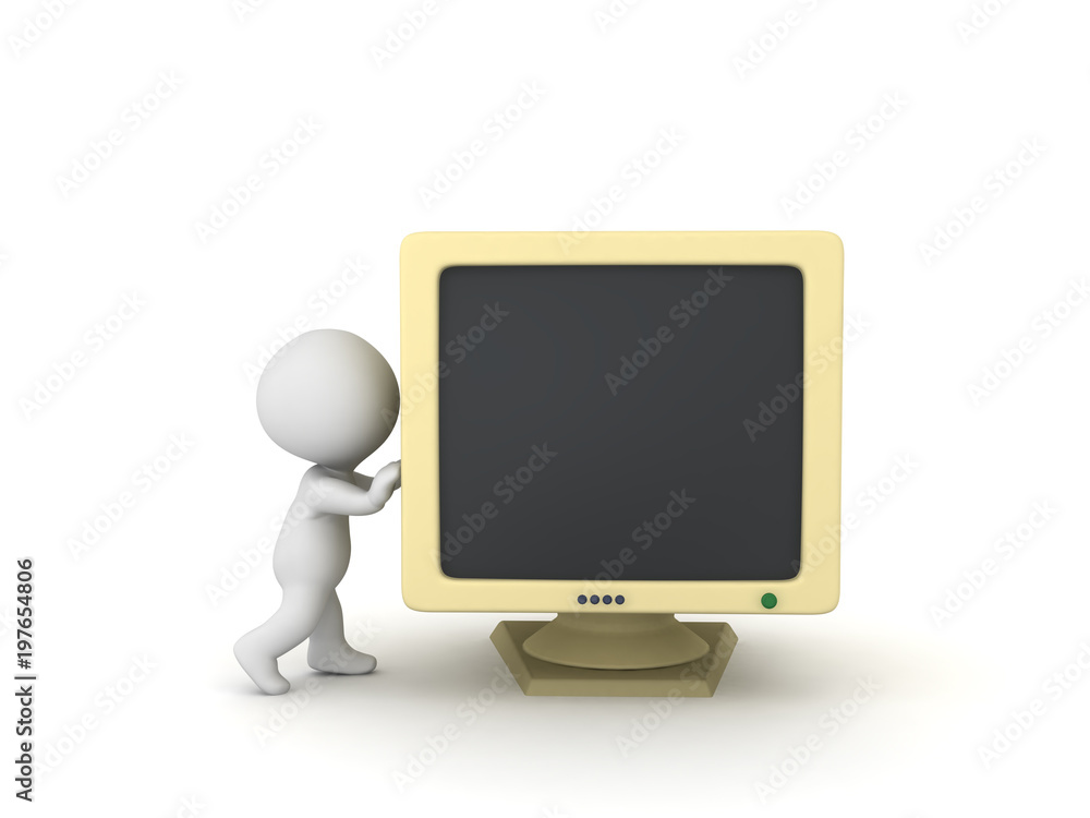 3D Character pushing big retro monitor 3D Character pushing big retro monitor
