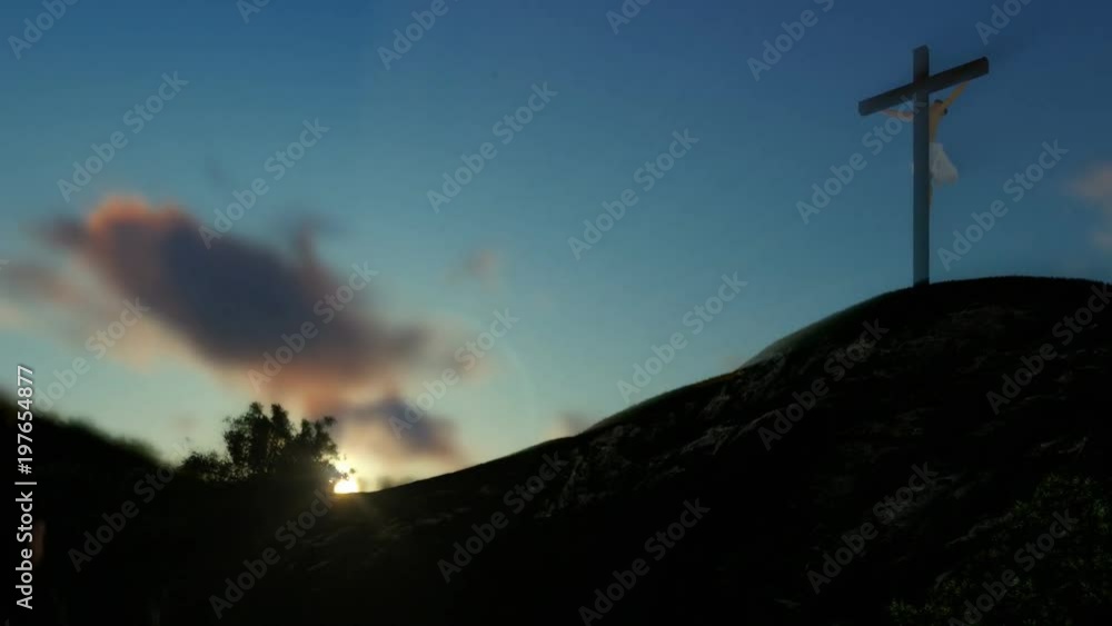 Christian woman praying at Jesus cross, sunset Christian woman praying at Jesus cross, sunset