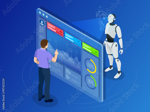 Isometric Maintenance engineer working with digital display. Robot programming