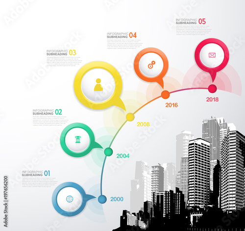 Infographic template with five circles, icons and city.