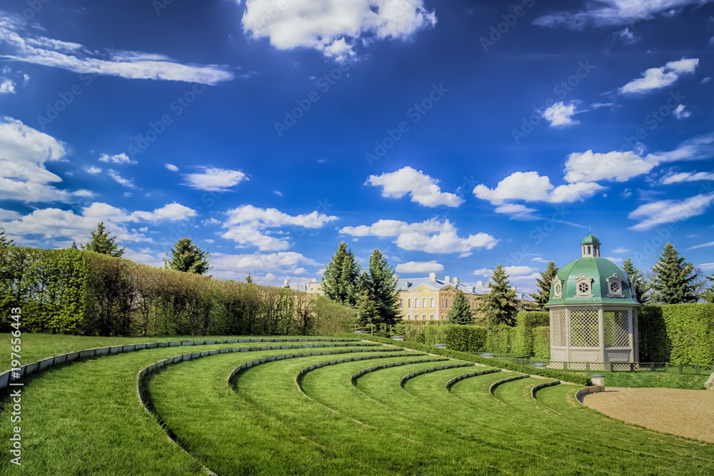 Summer view of Baroque pavilion in French Baroque garden