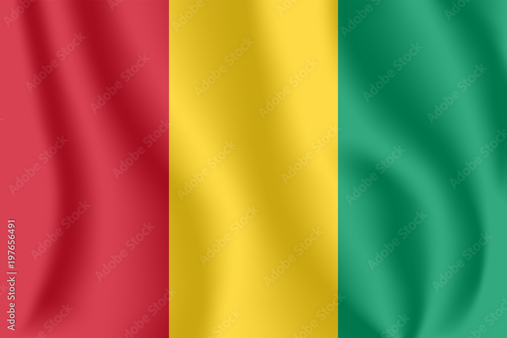 Flag of Guinea. Realistic waving flag of Republic of Guinea. Fabric textured flowing flag of Guinea-Conakry.