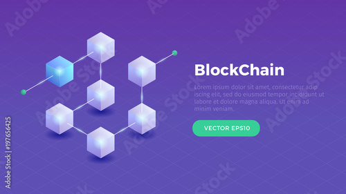 Blockchain concept slider banner design with isometric blocks chain illustration and text vector illustration photo