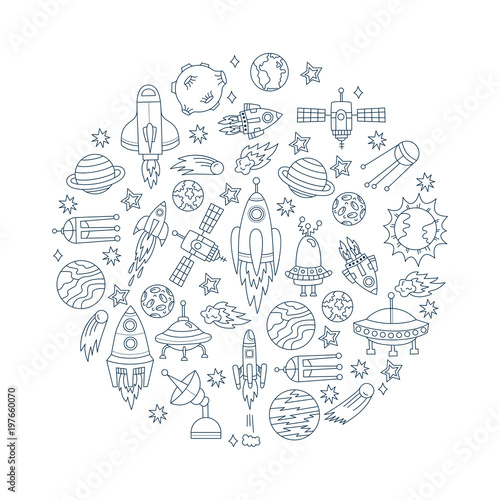 Outer space cosmo doodle icons line vector set