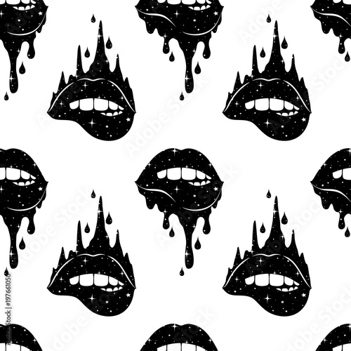 Abstract seamless pattern with fantasy hand-drawn woman biting sexy lips. Background for textiles, banner, wrapping paper and other and designs. Vector illustration