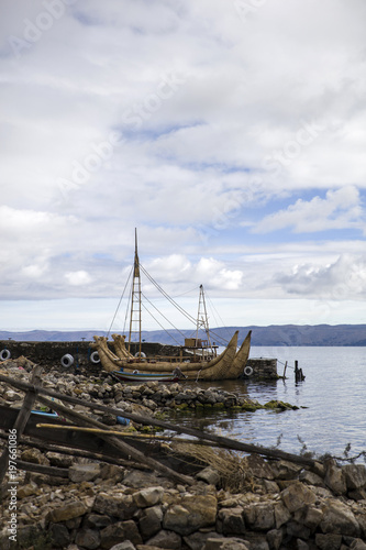 Traditional totora reed boat at Isla del Sol on Titicaca lake