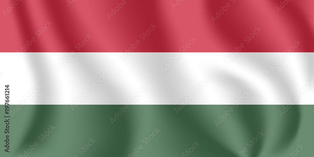 Flag of Hungary. Realistic waving flag of Hungary. Fabric textured flowing flag of Hungary.
