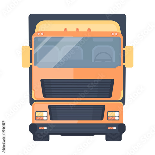 Lorry car front view. Heavy truck for transportation various objects. Road train. Front view. Vector illustration.