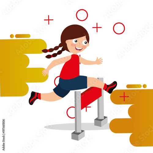 hurdle race little girl jumping over obstacle vector illustration