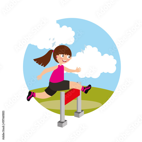 hurdle race little girl jumping over obstacle in landscape background vector illustration