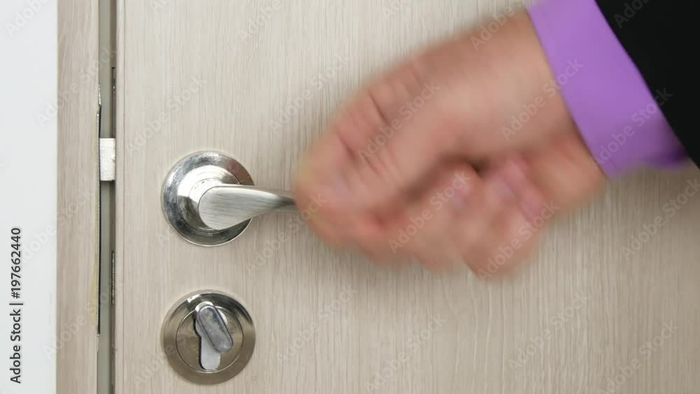 Businessman Knocking on the Door Check the Lock and Try to Enter in the Room Businessman Knocking on the Door Check the Lock and Try to Enter in the Room