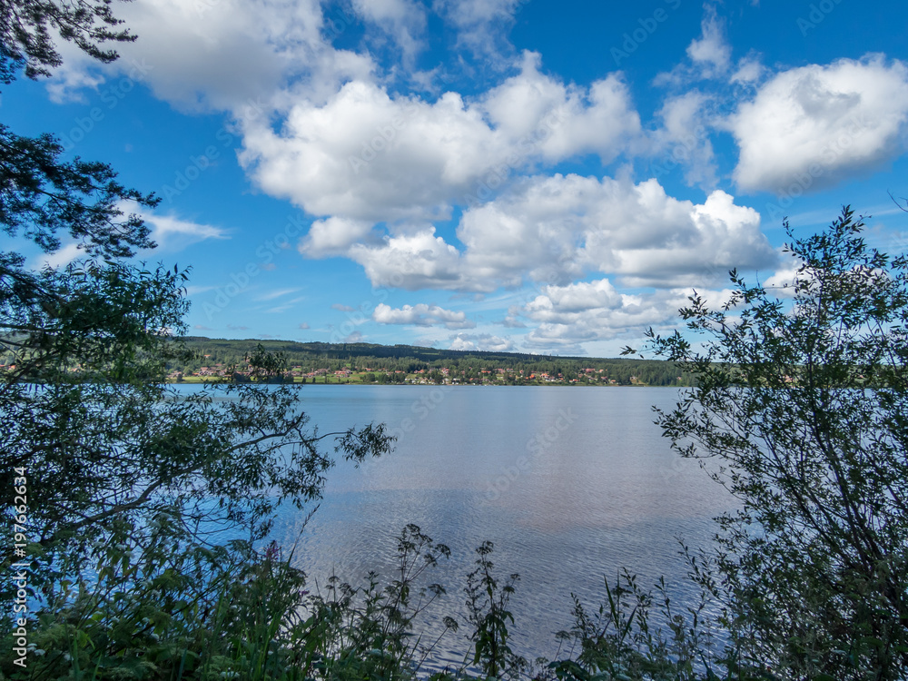 Beautiful Scandinavian lake in summer with white clouds in a blue sky 