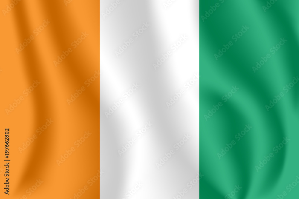Flag of Ivory Coast. Realistic waving flag of Republic of Côte d'Ivoire. Fabric textured flowing flag of Côte d'Ivoire.