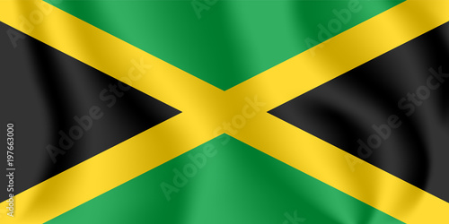 Flag of Jamaica. Realistic waving flag of Jamaica. Fabric textured flowing flag of Jamaica.