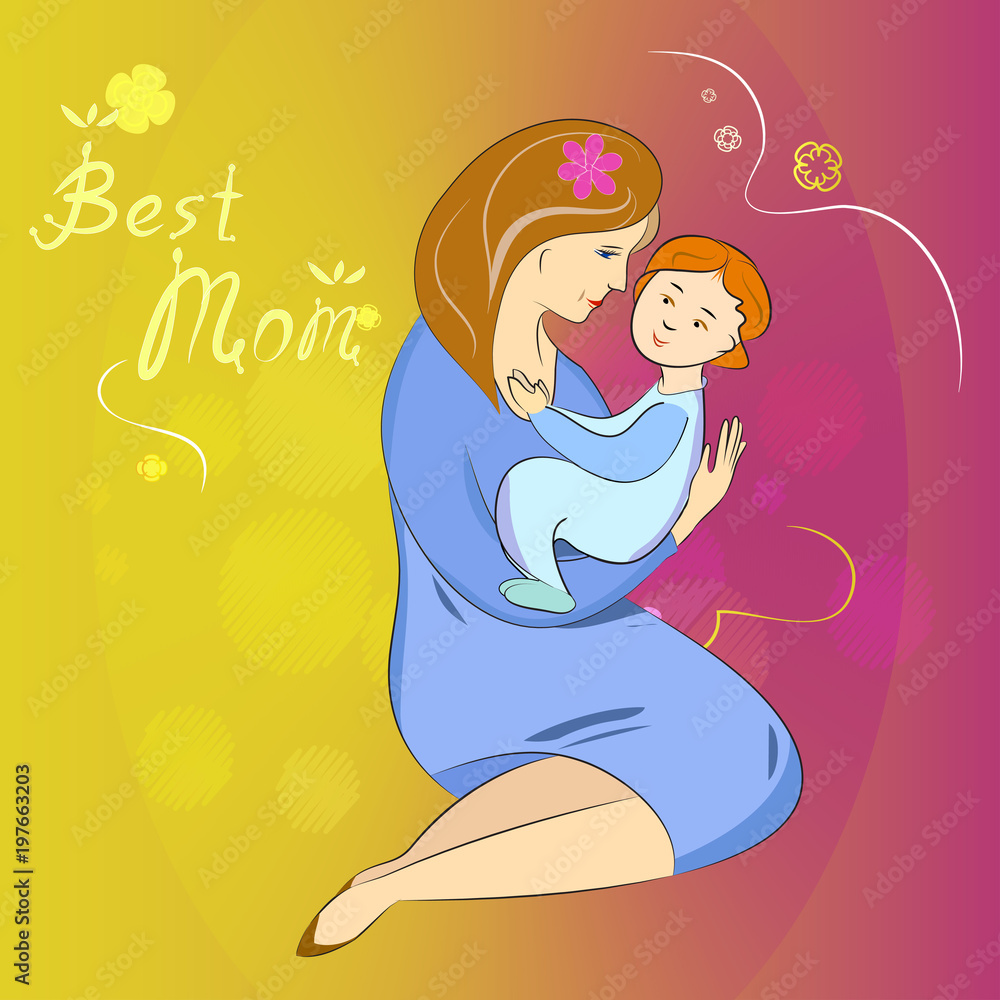 Mothers Day Vector, Mother and Baby Greeting Card. Color Illustrations Art Design on a square background Mothers Day Vector, Mother and Baby Greeting Card. Color Illustrations Art Design on a square background
