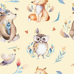 Acrylglasbilder Tierbaby-Muster Baby animals nursery isolated seamless pattern with bannies. Watercolor boho cute baby fox, deer animal woodland rabbit and bear isolated illustration for children. Bunny forest image  © kris_art