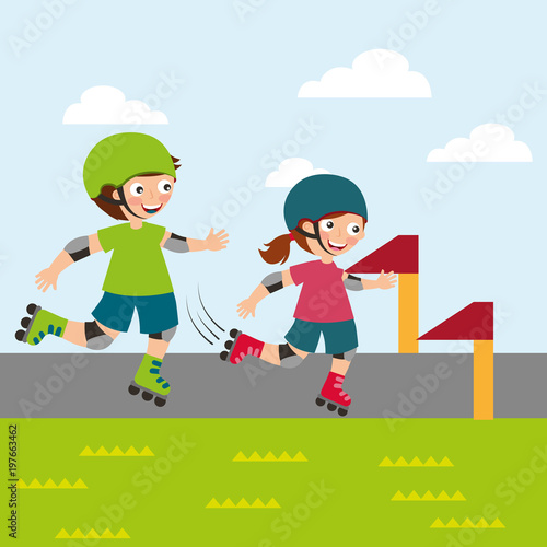 girl and boy riding roller skating race sport vector illustration