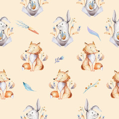 Acrylglasbilder Tierbaby-Muster Baby animals nursery isolated seamless pattern with bannies. Watercolor boho cute baby fox, deer animal woodland rabbit and bear isolated illustration for children. Bunny forest image  © kris_art