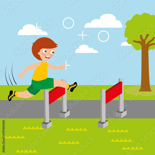 young boy jump race obstacle sport kids activity vector illustration