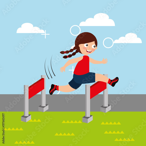 hurdle race little girl jumping over obstacle vector illustration