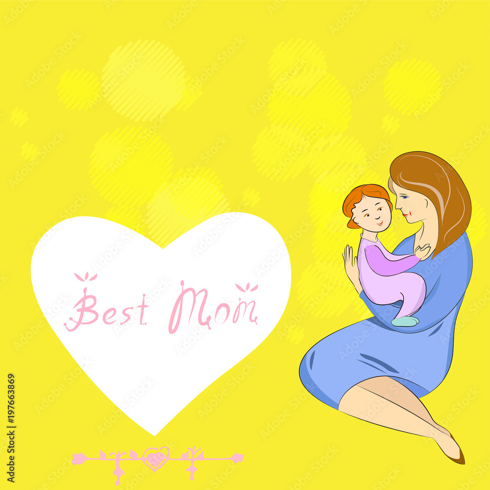 Mothers Day Vector, Mother and Baby Greeting Card. Color Illustrations Art Design on a square background Mothers Day Vector, Mother and Baby Greeting Card. Color Illustrations Art Design on a square background
