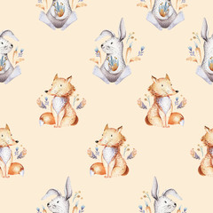 Acrylglasbilder Tierbaby-Muster Baby animals nursery isolated seamless pattern with bannies. Watercolor boho cute baby fox, deer animal woodland rabbit and bear isolated illustration for children. Bunny forest image  © kris_art