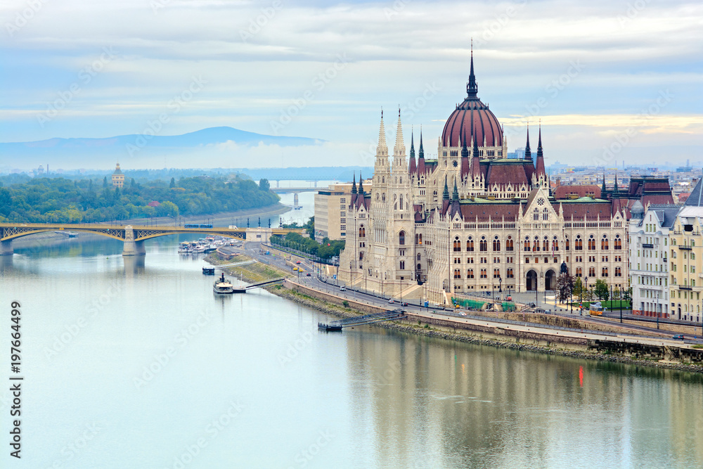 Parliament building on river bank, Budapest, Hungary