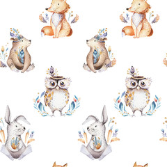 Acrylglasbilder Tierbaby-Muster Baby animals nursery isolated seamless pattern with bannies. Watercolor boho cute baby fox, deer animal woodland rabbit and bear isolated illustration for children. Bunny forest image  © kris_art