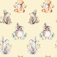 Acrylglasbilder Tierbaby-Muster Baby animals nursery isolated seamless pattern with bannies. Watercolor boho cute baby fox, deer animal woodland rabbit and bear isolated illustration for children. Bunny forest image  © kris_art
