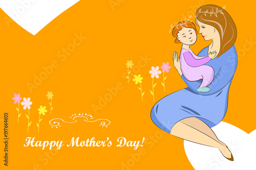 Mothers Day Vector, Mother and Baby. Color Illustrations Art Design Greeting Card on a horizontal background