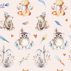Acrylglasbilder Tierbaby-Muster Baby animals nursery isolated seamless pattern with bannies. Watercolor boho cute baby fox, deer animal woodland rabbit and bear isolated illustration for children. Bunny forest image  © kris_art