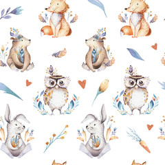 Acrylglasbilder Tierbaby-Muster Baby animals nursery isolated seamless pattern with bannies. Watercolor boho cute baby fox, deer animal woodland rabbit and bear isolated illustration for children. Bunny forest image  © kris_art