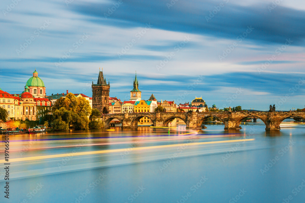 Fototapeta premium Scenic view on Vltava river and historical center of Prague,buildings and landmarks of old town, Prague, Czech Republic