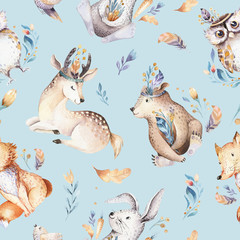 Acrylglasbilder Tierbaby-Muster Baby animals nursery isolated seamless pattern with bannies. Watercolor boho cute baby fox, deer animal woodland rabbit and bear isolated illustration for children. Bunny forest image  © kris_art