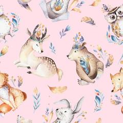 Acrylglasbilder Tierbaby-Muster Baby animals nursery isolated seamless pattern with bannies. Watercolor boho cute baby fox, deer animal woodland rabbit and bear isolated illustration for children. Bunny forest image  © kris_art