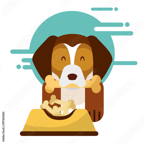 domestic dog with bone in mouth sitting next to full food bowl vector illustration